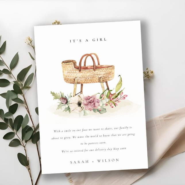 Nursery Rosa Blommigt Bassinet Baby Announement Tack Kort (Skapare uppladdad)