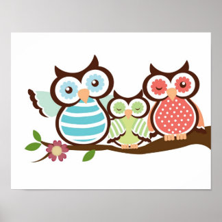 Nursery uggla art poster baby med mamma pappa