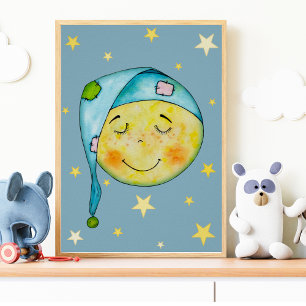 Nursery Wall Art Måne Sol Stars Gult Blue Poster