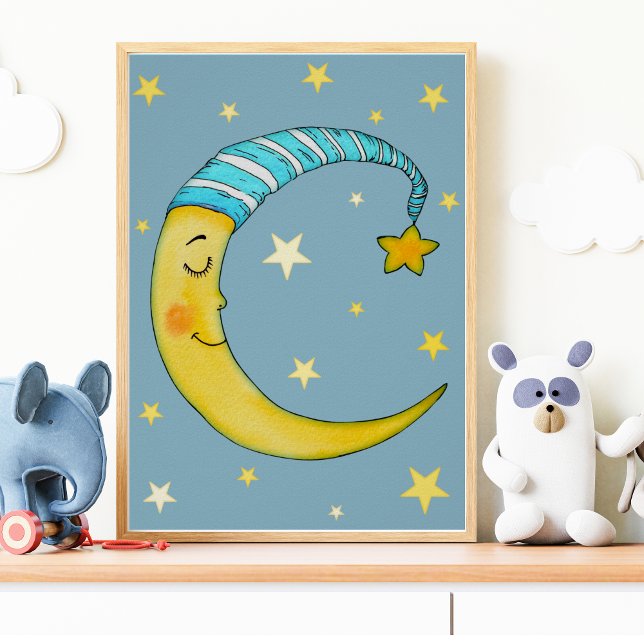 Nursery Wall Art Måne Stars Gult Blue Poster (Skapare uppladdad)