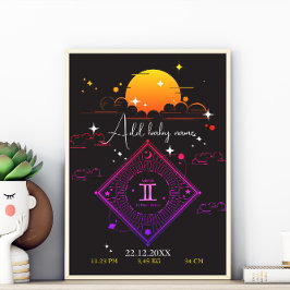 Nursery wall art nyfödd bebis Anpassat namn gemini Poster