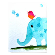 Nursery wallart_ vattencolor Elephant and rosa bir