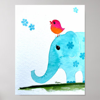Nursery wallart_ vattencolor Elephant and rosa bir Poster