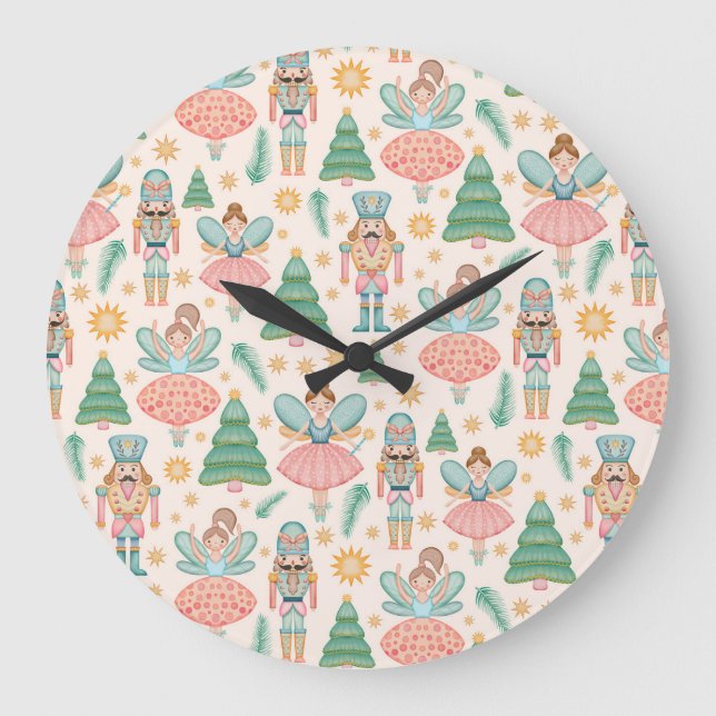 Nutcracker Ballet och Älvor på Cream Background Stor Klocka (Framsida)