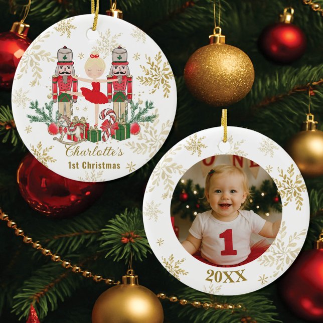 Nutcracker Ballet Red 1st Christmas Baby Photo Julgransprydnad Keramik (Skapare uppladdad)