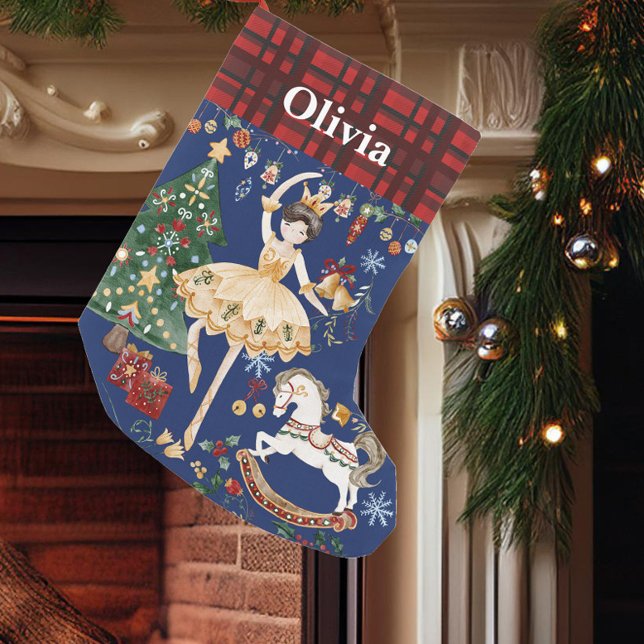Nutcracker Ballet SugarPlum Fairy Red Gingham Blue Liten Julstrumpa (Skapare uppladdad)