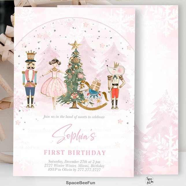 Nutcracker Birthday Ballerina Inbjudningar (Nutcracker birthday invitation, ballerina birthday party, nutcracker theme party, pink ballet invita)