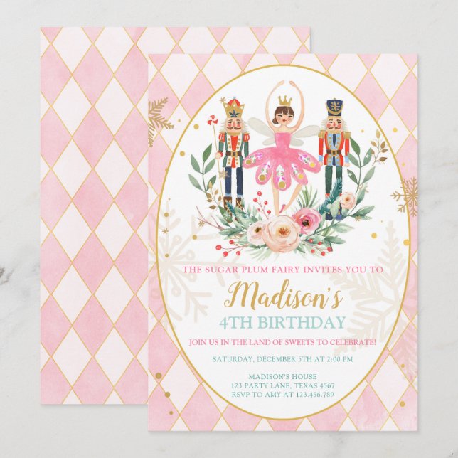 Nutcracker Birthday Girl Ballet Girl Suger plommon Inbjudningar (Fram/baksida)