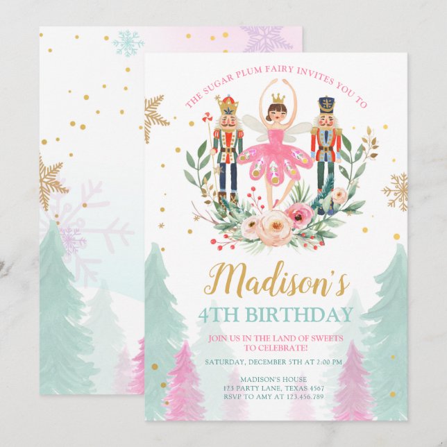 Nutcracker Birthday Girl Ballet Girl Suger Plum Inbjudningar (Fram/baksida)