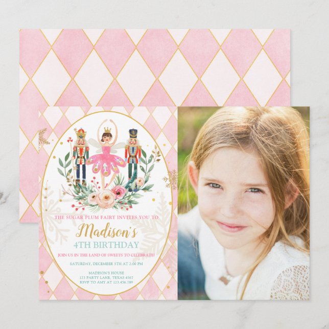 Nutcracker Birthday Girl Ballet Girl Suger Plum Inbjudningar (Fram/baksida)