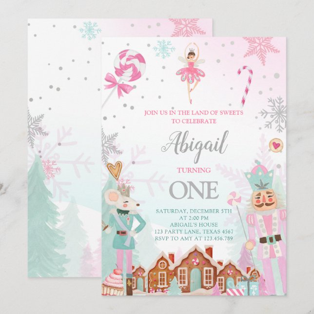 Nutcracker Birthday Girl Land of Sweets Fairy Rosa Inbjudningar (Fram/baksida)