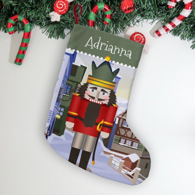 Nutcracker, den bayerska tyska Gröntens Personlig Liten Julstrumpa (Nostalgic green and blue personalized Christmas stocking with name. Red nutcracker, Bavarian town.)