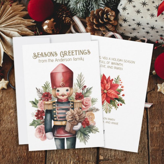 Nutcracker-Helgdag Poinsettias Julkort (Nutcracker Christmas holiday greeting card personalized with your family name and message.)