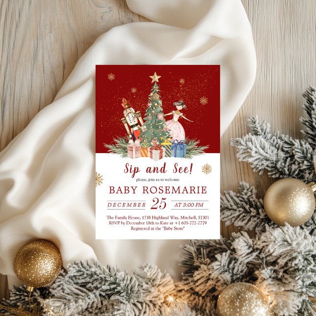Nutcracker jul, Party Baby Shower Sip och se Inbjudningar (Nutcracker Christmas Party Baby Shower Sip and See Invitation)
