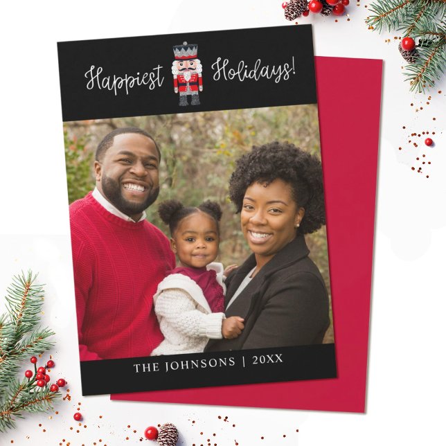 Nutcracker-julkort Julkort (A simple elegant family photo Christmas card featuring a nutcracker and your photo.)