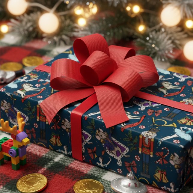 Nutcracker Mouse King Ballerina Navy Blue Xmas Presentpapper (Elegant Nutcracker Ballet Wrapping Paper. Navy Blue Vintage Nutcracker Ballerina Mouse King Pattern)