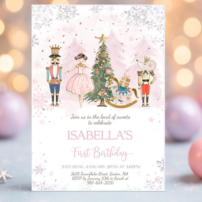 Nutcracker Rosa av daglig sockerplommon Inbjudningar (Nutcracker Land of Sweets pink fairy birthday invitation with pastel ballet design)