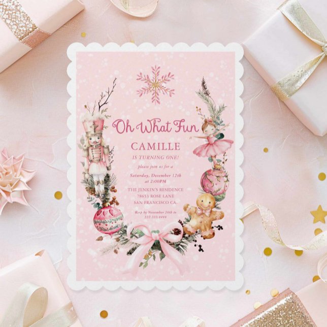 Nutcracker Rosa Girl 1:a födelsedagen Inbjudningar (Oh what fun Winter Holiday birthday Invitation)