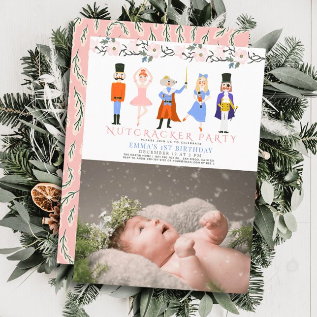 Nutcracker Rosa Jul 1:a födelsedagsfoto Inbjudningar (Skapare uppladdad)