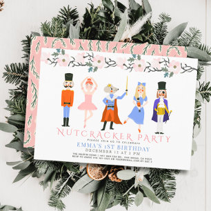 Nutcracker Rosa Jul Blommigt 1:a födelsedagen Inbjudningar