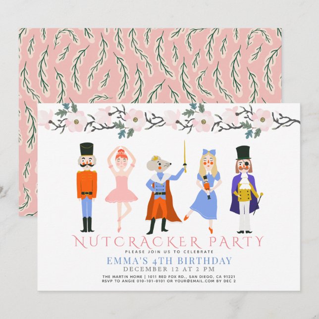 Nutcracker Rosa Jul Blommigt Flicka Birthday Inbjudningar (Fram/baksida)
