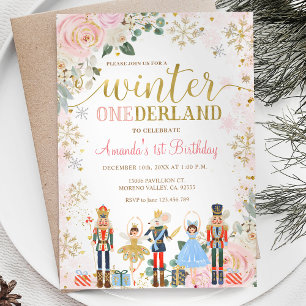 Nutcracker Rosa Snöflingor Onederland Birthday Inbjudningar