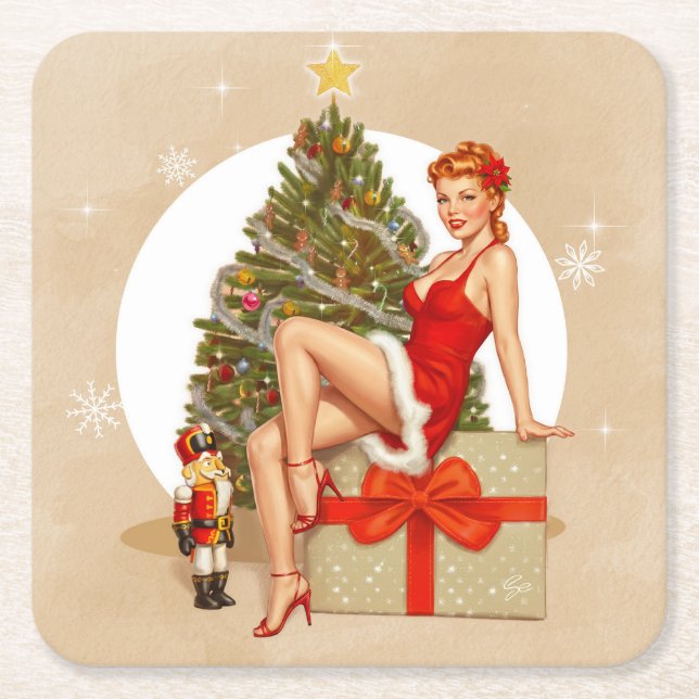 Nutcracker Sweet Retro Pinup Christmas Coaster Underlägg Papper Kvadrat (Framsidan)