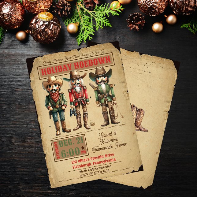 Nutcracker Western Helgdag Hoedown jul Party Inbjudningar (Nutcrackers Western Holiday Hoedown Rustic Christmas Party Invitation)