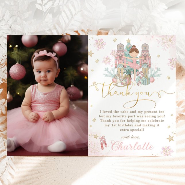 Nutcracker Winter Onederland 1:a födelsedagsfoto Tack Kort (pastel-pink-the-nutcracker-ballet-winter-onederland-wonderland-1st-birthday-party-photo-thank-you)