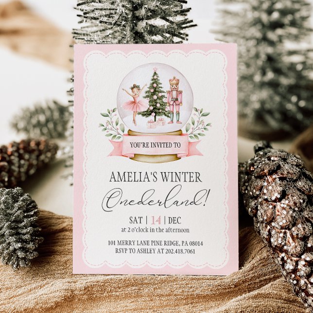 Nutcracker Winter Onederland Rosa 1:a födelsedag Inbjudningar (Skapare uppladdad)