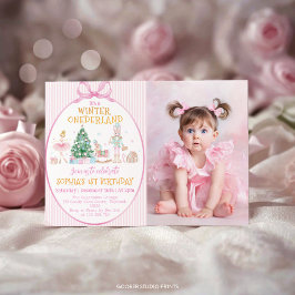 Nutcracker Winter Onederland Rosa Födelsedagsfoto Inbjudningar