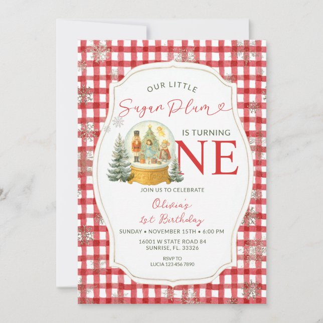 Nutcracker Winter Snöflingor Birthday Red Gingham Inbjudningar (Framsida)