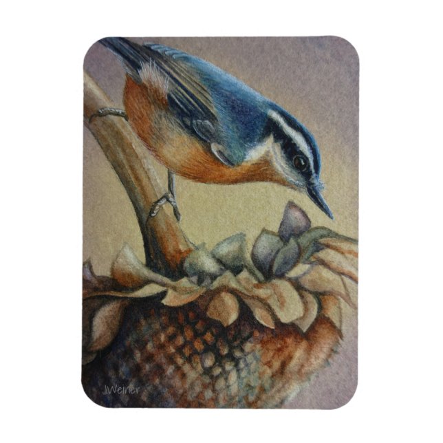 Nuthatch Bird and Solros Seeds Watercolor Art Magnet (Vertikal)