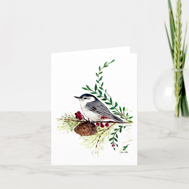 Nuthatrisk, vackert vattenfärgskort anteckningskort (Nuthatch Beautiful Watercolor Bird On Branch Pine Cone by Jenn Steffen Art)