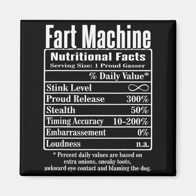 Nutrion Facts Fart Machine Dad Jokes Funny Farting Magnet (Framsidan)