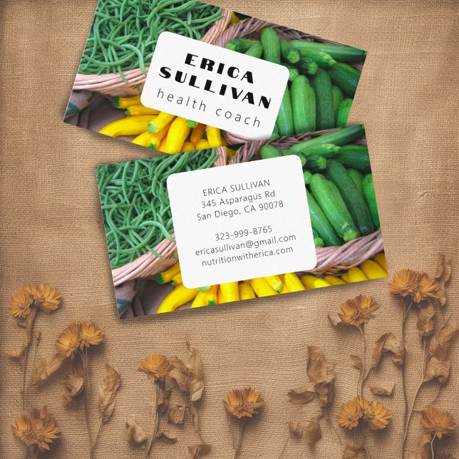 Nutritionist Health Coach Chef Zucchini Veggies Visitkort (Beautiful veggies at farmers market photo business card for nutritionists & chefs, customize it!)