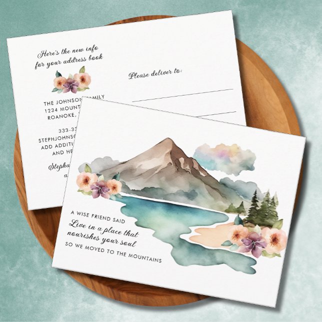 Ny adress Akvarell Berg Flyttar Meddelande Vykort (New Address Watercolor Mountains Motivational Quote Floral Moving Announcement Postcard)