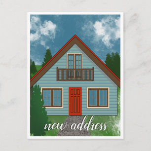 Ny adress Blå lantgård med röd dörr-illustration Meddelande Vykort