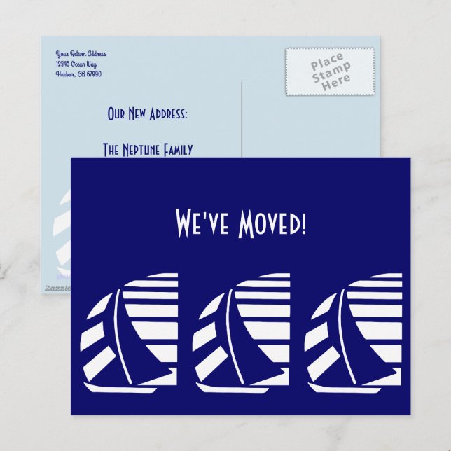 Ny adress blå vita racing segelbåtar vykort (Fram/baksida)