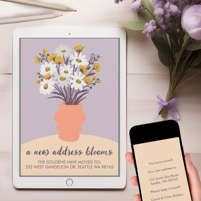 Ny adress Blooms Flytta annons Bouquet Meddelande (Custom moving announcement card also available as digital download to send via email and save postag)