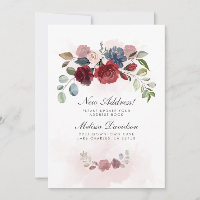 Ny adress Burgundisk Blommigt - ny Flytta hemma Meddelande (Framsida)