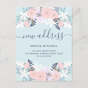 Ny adress Cute Blue Pastel Blommigt Flytta Meddelande Vykort