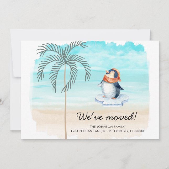 Ny adress Cute Penguin Florida Beach Roligt Flytta Meddelande (Framsida)