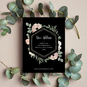 Ny adress Dammtorra Rosa blommor på svart Vykort