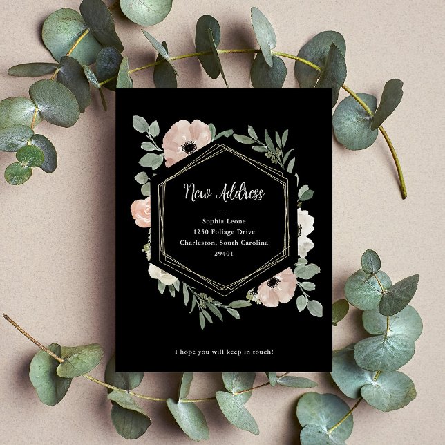 Ny adress | Dammtorra Rosa blommor på svart Vykort (Skapare uppladdad)