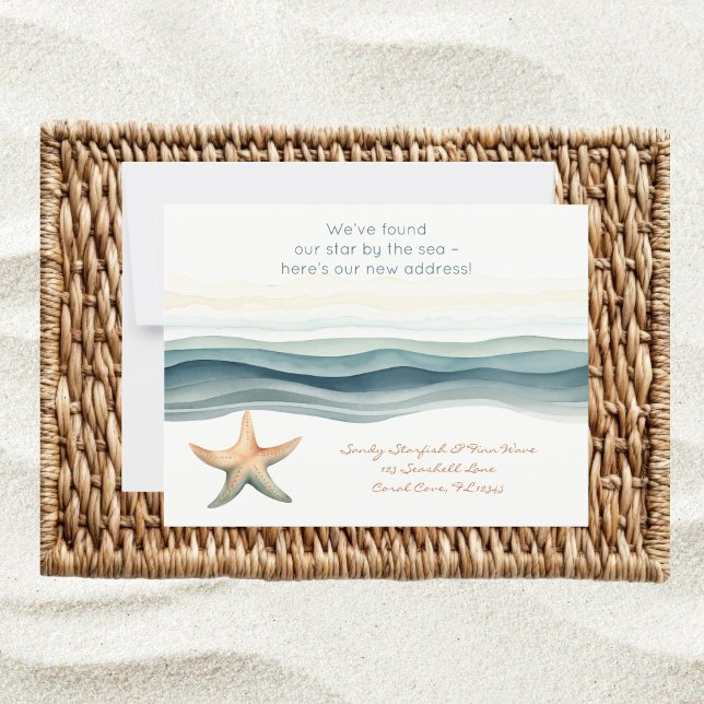 Ny adress elegant vykort (New address postcard with watercolor coastal sea star design – personalize with your details)