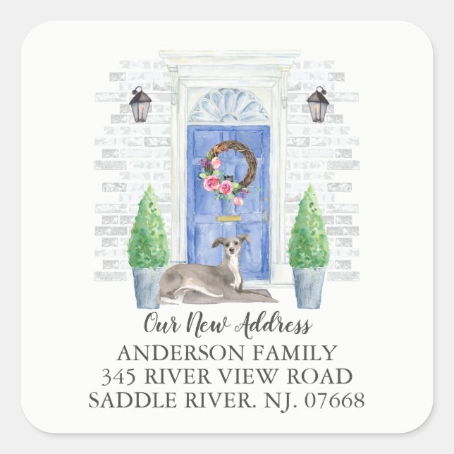 Ny adress etikett för Greyhound Blue Door (Framsida)