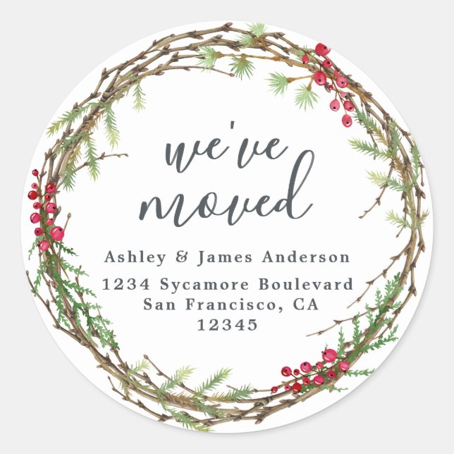 Ny adress etikett för julgran Vi har flyttat (Framsida)