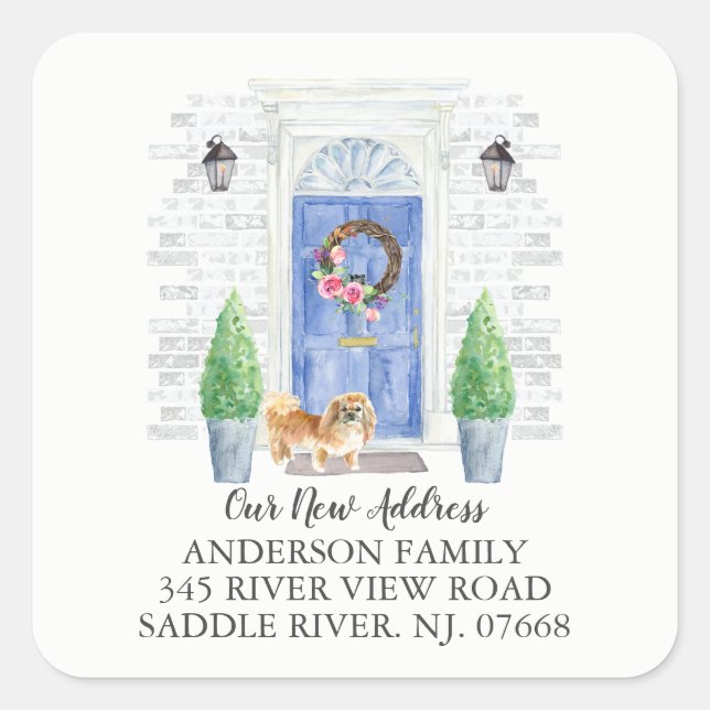 Ny adress etikett för Pekingese Blue Door (Framsida)