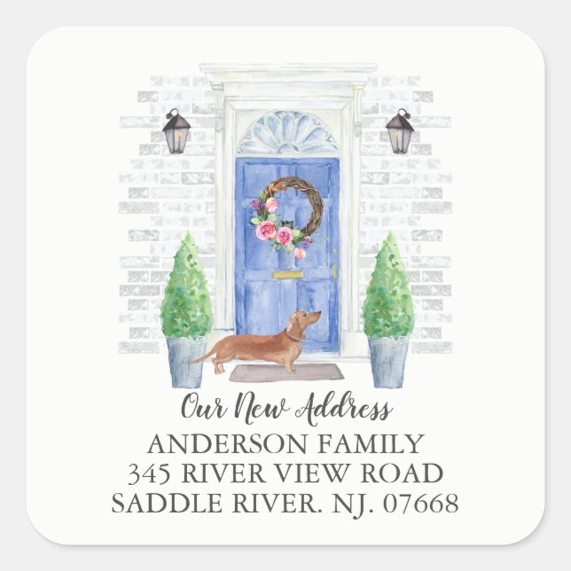 Ny adress etikett för Tan Dachshund Blue Door (Framsida)